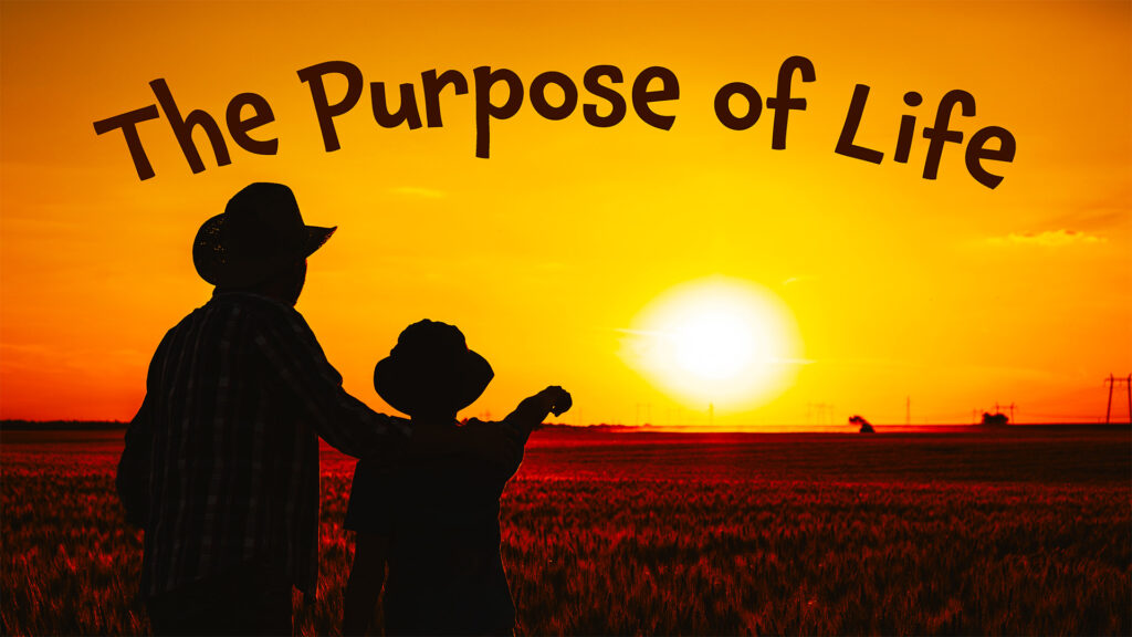 The Purpose of Life banner. Father and Son in field